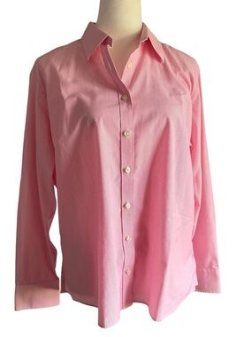 Lands End Women’s Pink and White Striped Button-Down Shirt